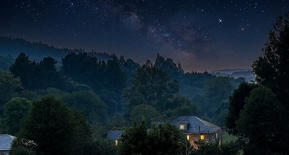 Cielo estrellado nocturno en el interior de Lugo, zona de baja contaminación lumínica en Galicia