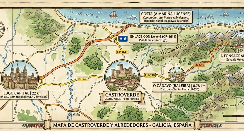 Carretera LU-530 entre Lugo y Castroverde, vía principal de la comarca