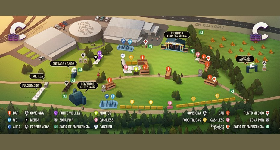 Plano orientativo del recinto del Caudal Fest en el Pazo de Feiras e Congresos de Lugo, con los escenarios Estrella Galicia y Cutty Sark, la entrada, la taquilla, la pulseración y el acceso al parking